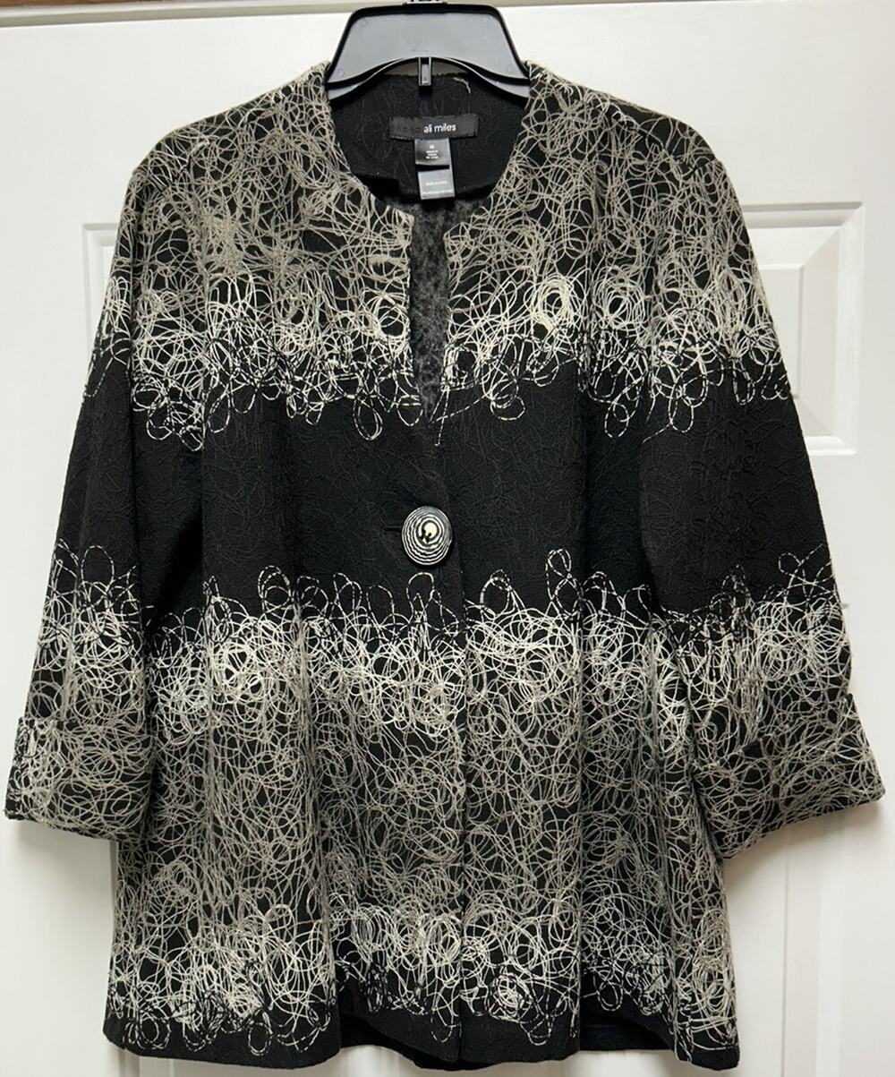 Ali Miles Jacket M One Button Blazer Artsy Fibers Textured Black Boho Swing